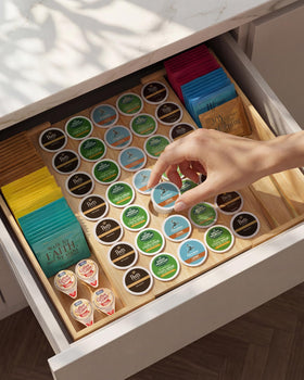 WELL WENG bamboo pod holder shows 35 compartments for organized K-Cups