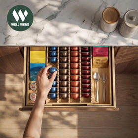 Well Weng bamboo organizer inside a drawer keeps capsules and tea bags neatly organized.