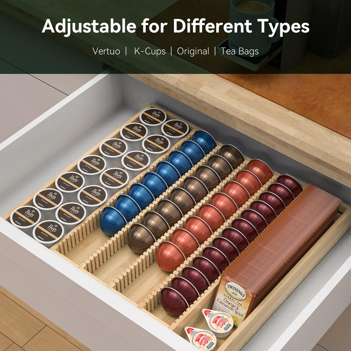 Well Weng middle tray holds Vertuo capsules for quick access.