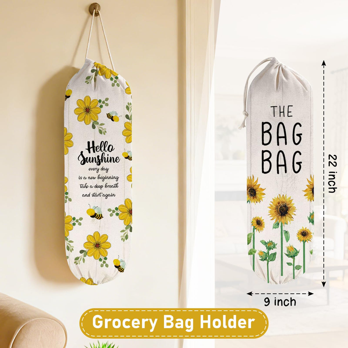WELLBANEE sunflower bag holder hanging setup for kitchen organization and easy reach.