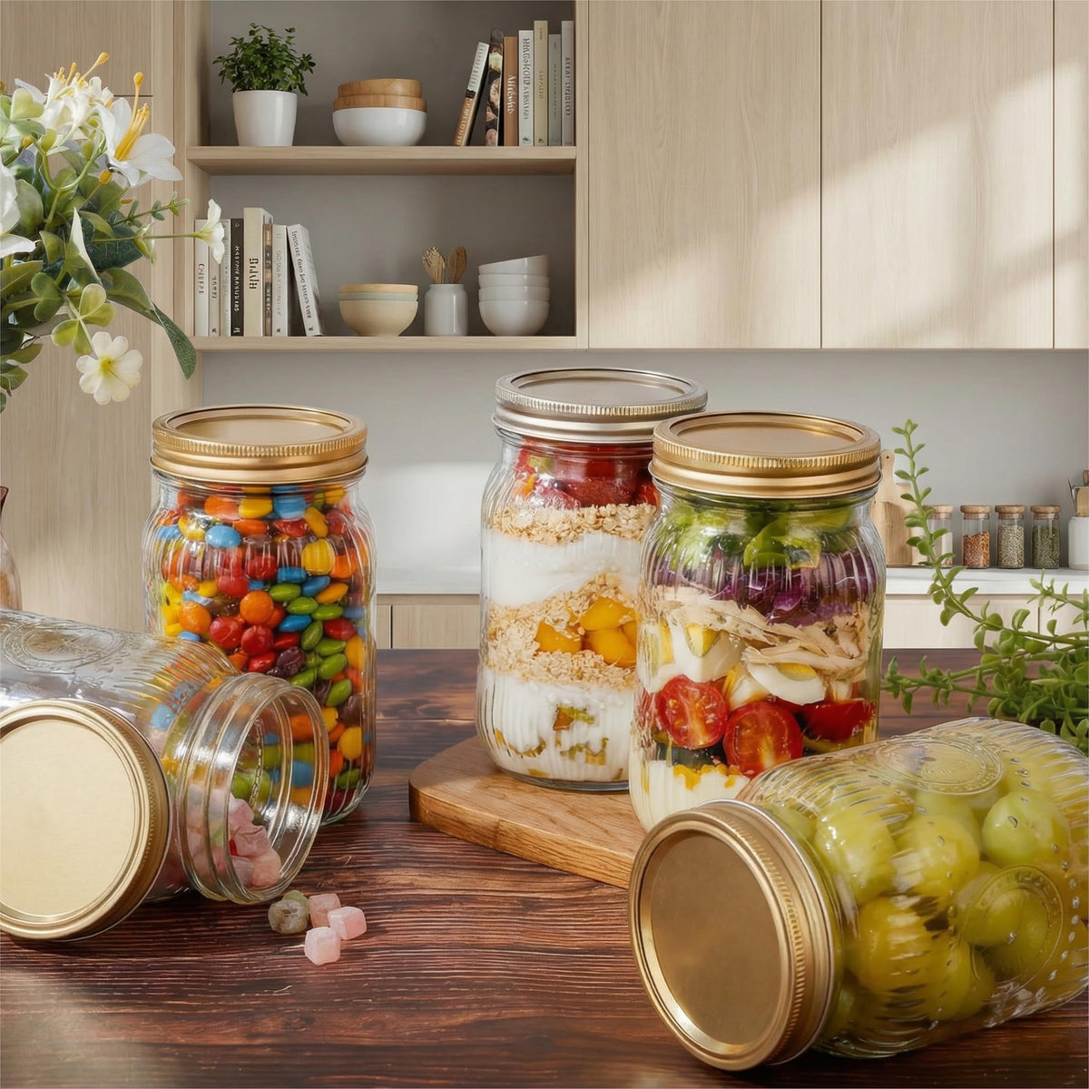 WELLIFE Sunflower Mason Jars with airtight lids demonstrating a strong moisture seal.