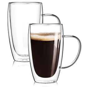 Wells 2-pack 15oz double-walled mugs with handle; exterior stays cool to touch.