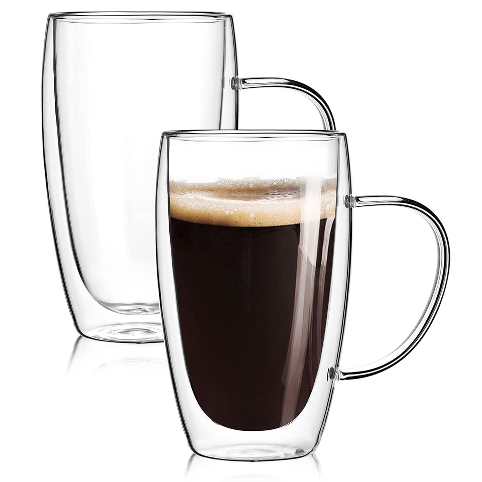 Wells 2-pack 15oz double-walled mugs with handle; exterior stays cool to touch.