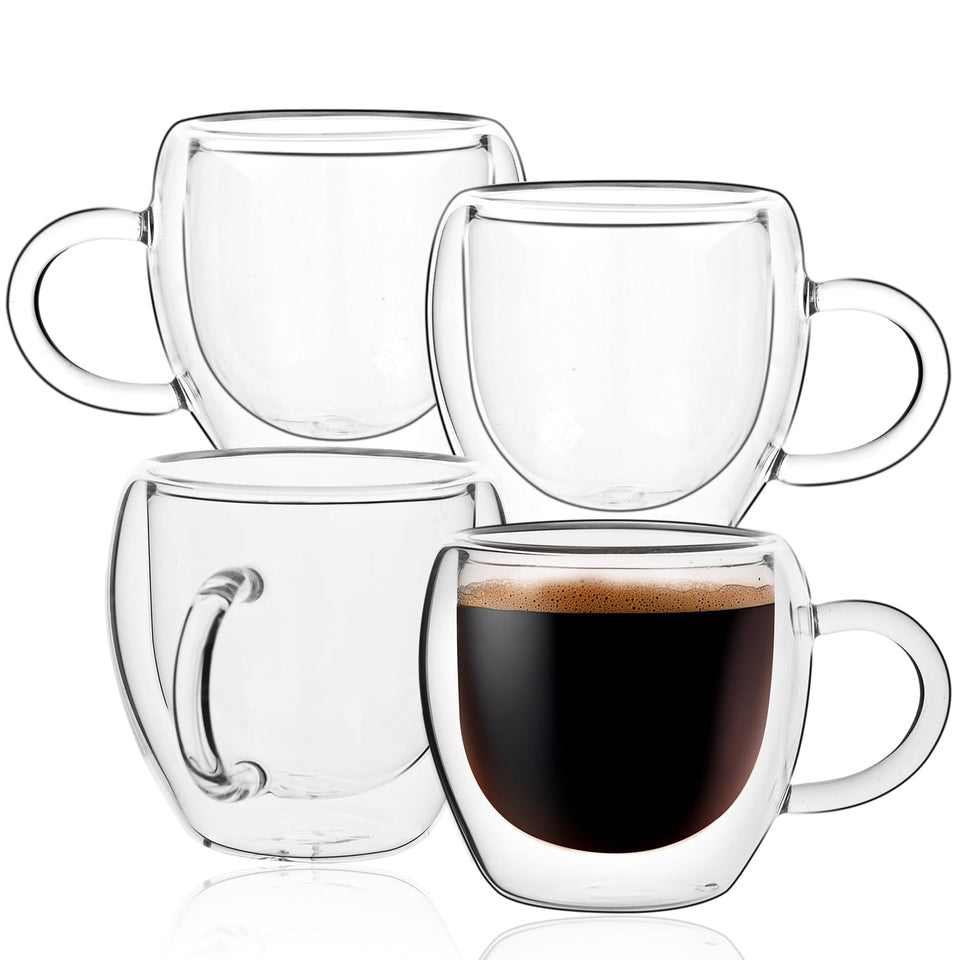 Wells espresso cups set with four handles, ideal for precise shots and daily use.