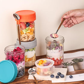Wells transparent glass shows distinct layers of oats and toppings.