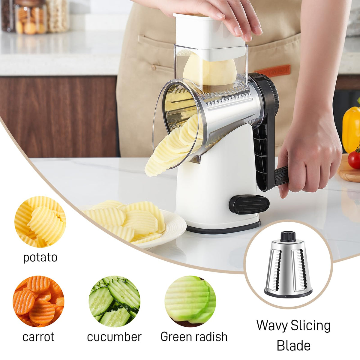 Weltonhm food pusher and hand crank for safe, precise shredding.