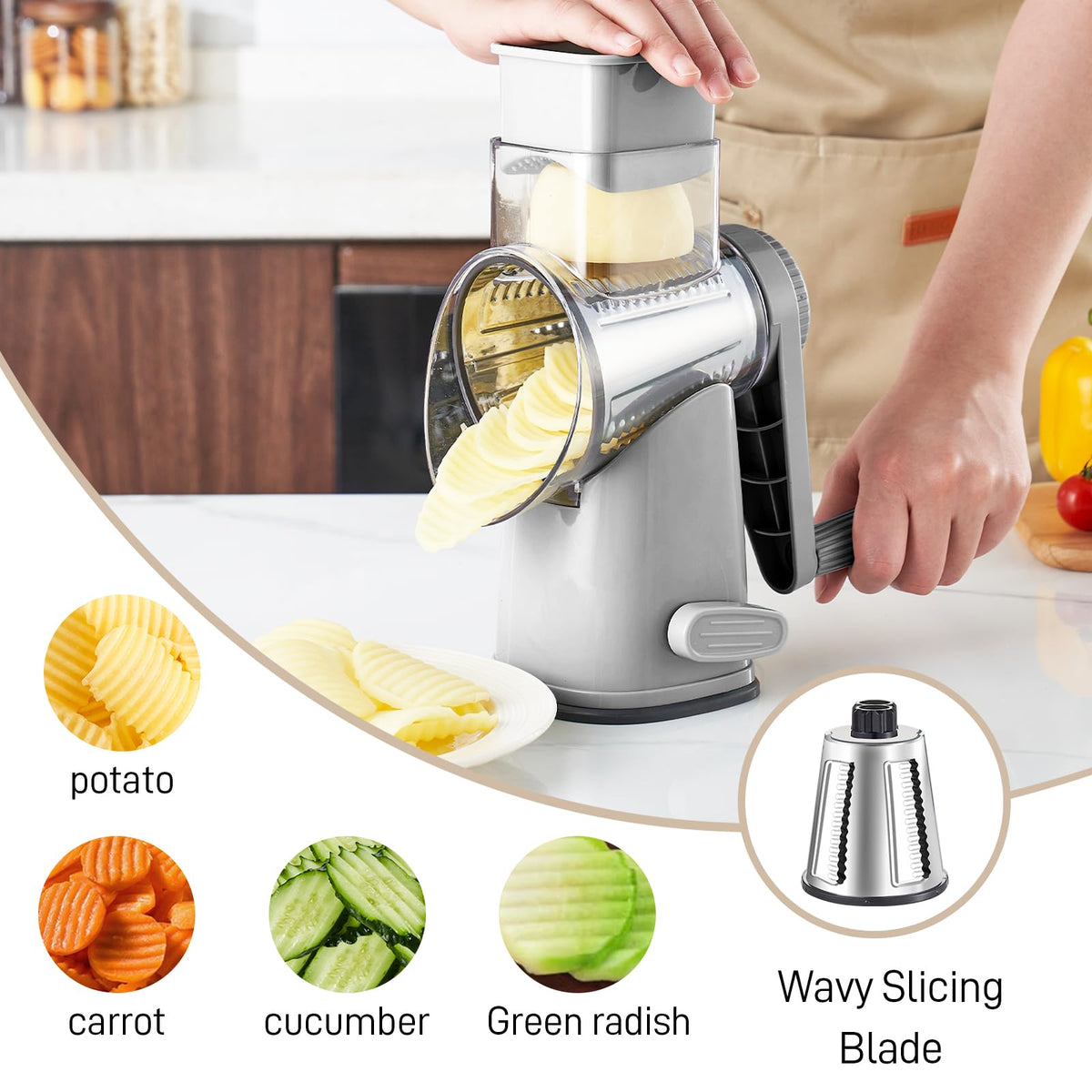 Weltonhm rotary cheese grater blades exposed for precise shredding of cheese and nuts.