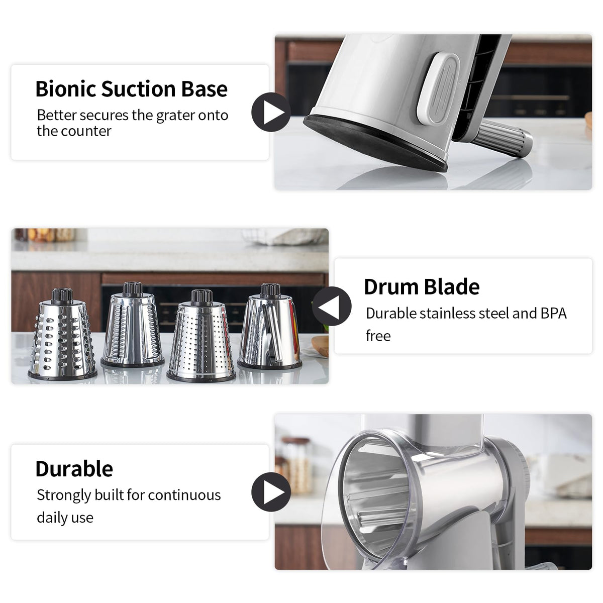 Weltonhm sturdy crank handle reduces effort during heavy grating tasks.