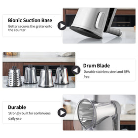 Weltonhm sturdy crank handle reduces effort during heavy grating tasks.