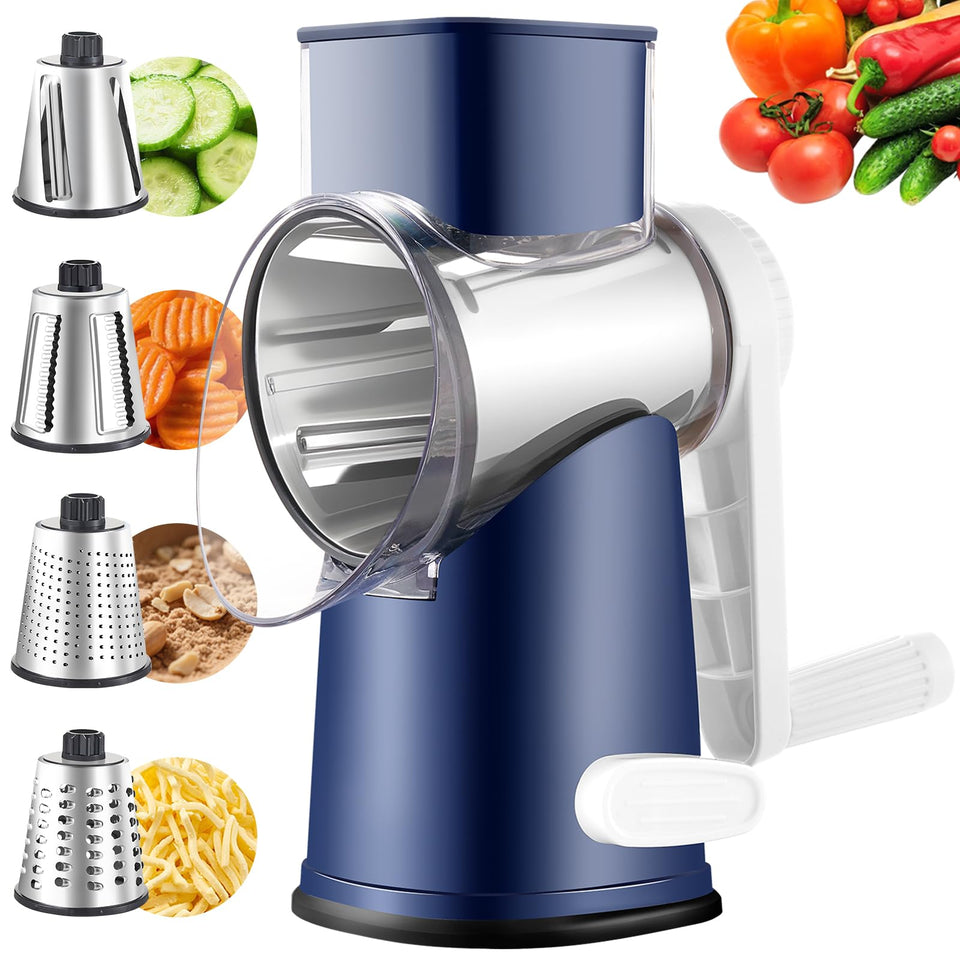 Weltonhm rotary cheese grater with handle and crank for fast shredding.