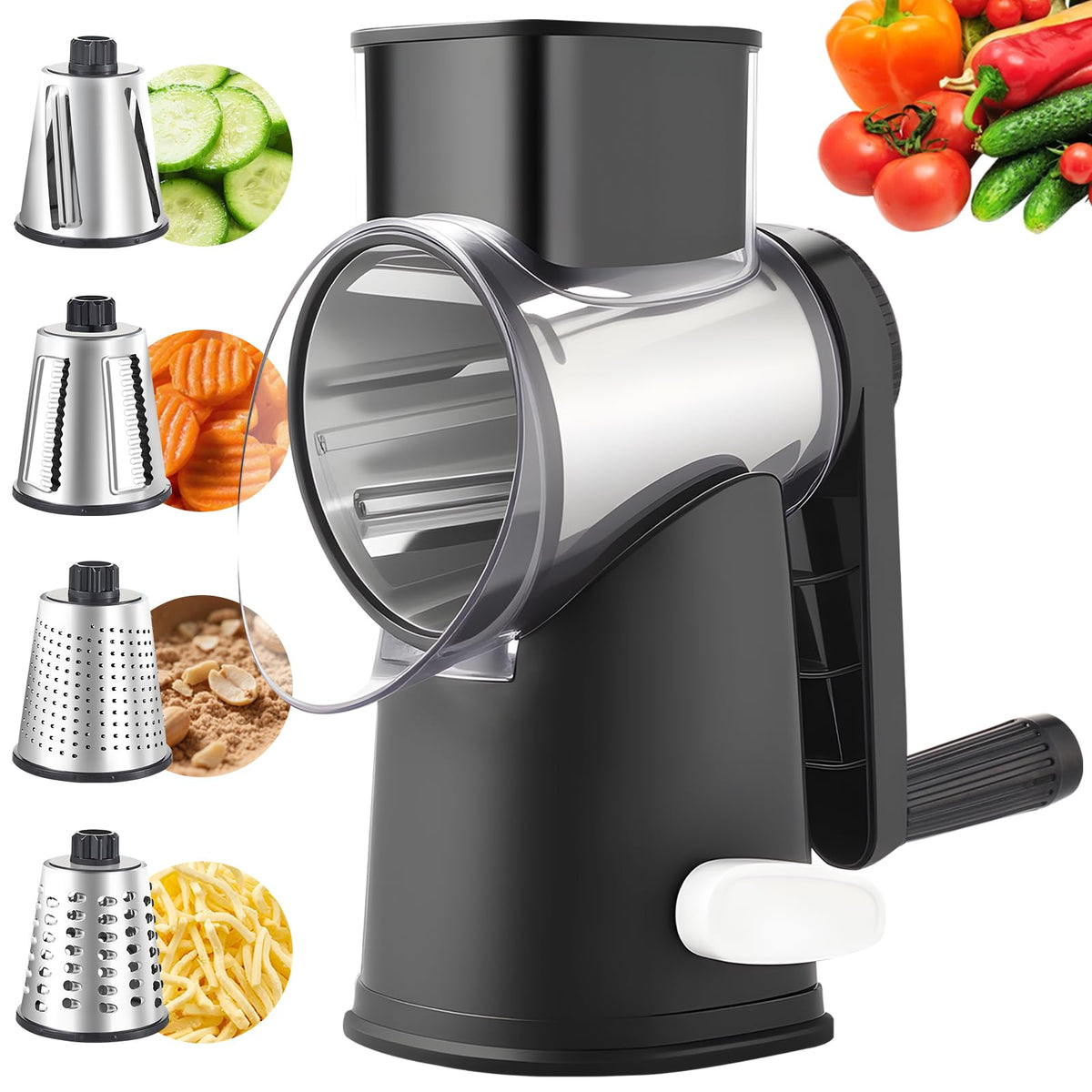 Weltonhm rotary cheese grater with handle in action for fast shredding