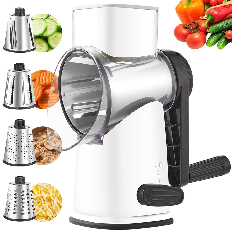 Weltonhm rotary cheese grater with handle for rapid shredding at home.