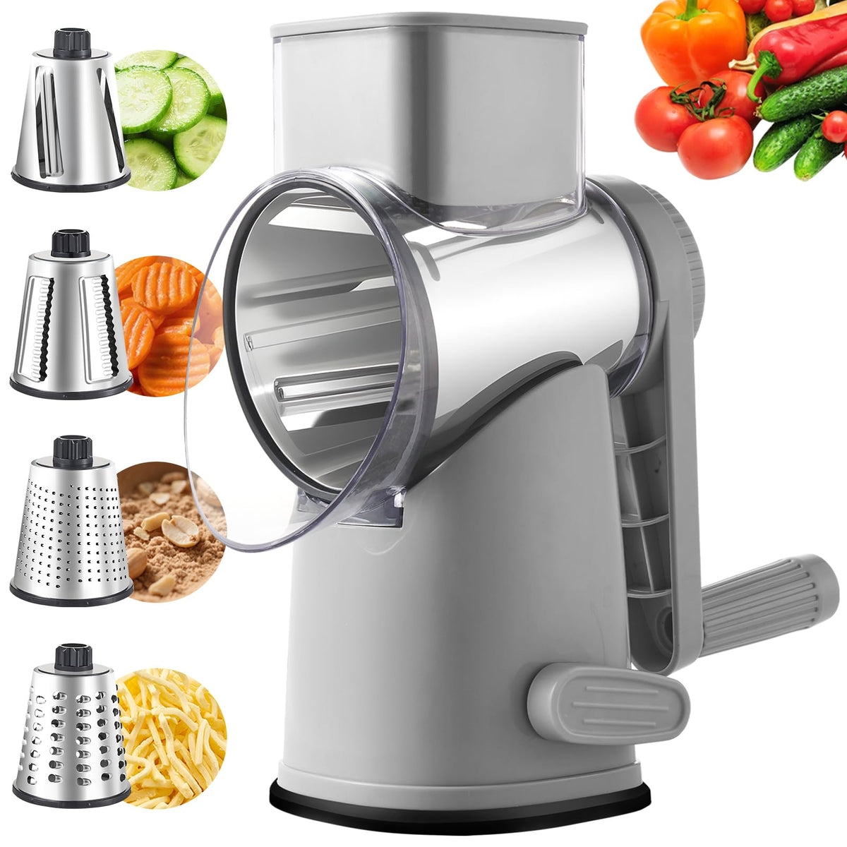 Weltonhm rotary cheese grater handle in action for fast shredding.