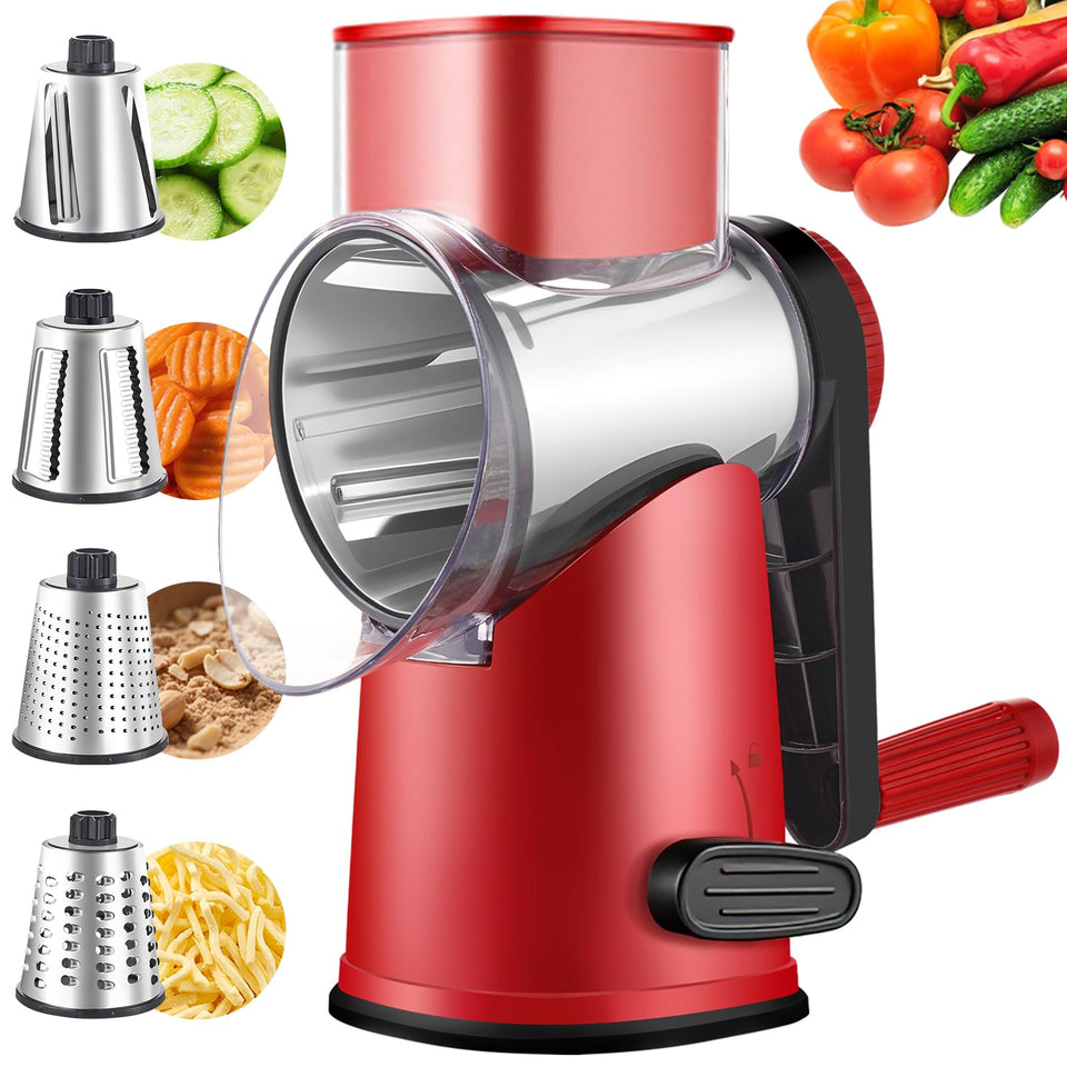 Weltonhm rotary cheese grater with red handle demonstrates fast hands free shredding