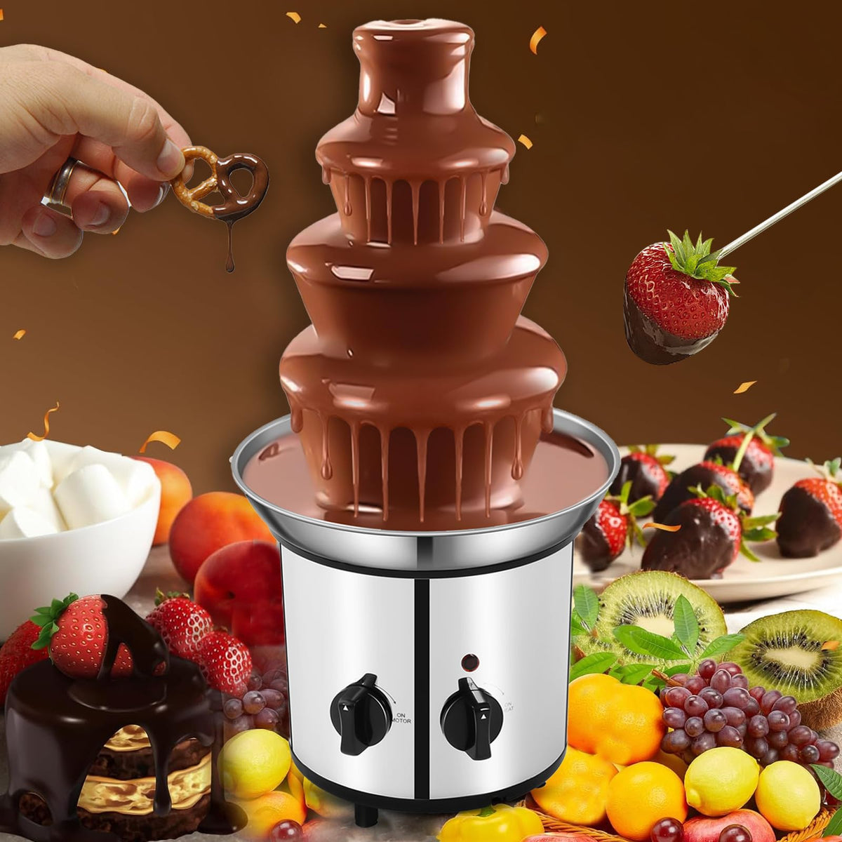 WEMAKMAK display with fruit, marshmallows, and pretzels for dipping.