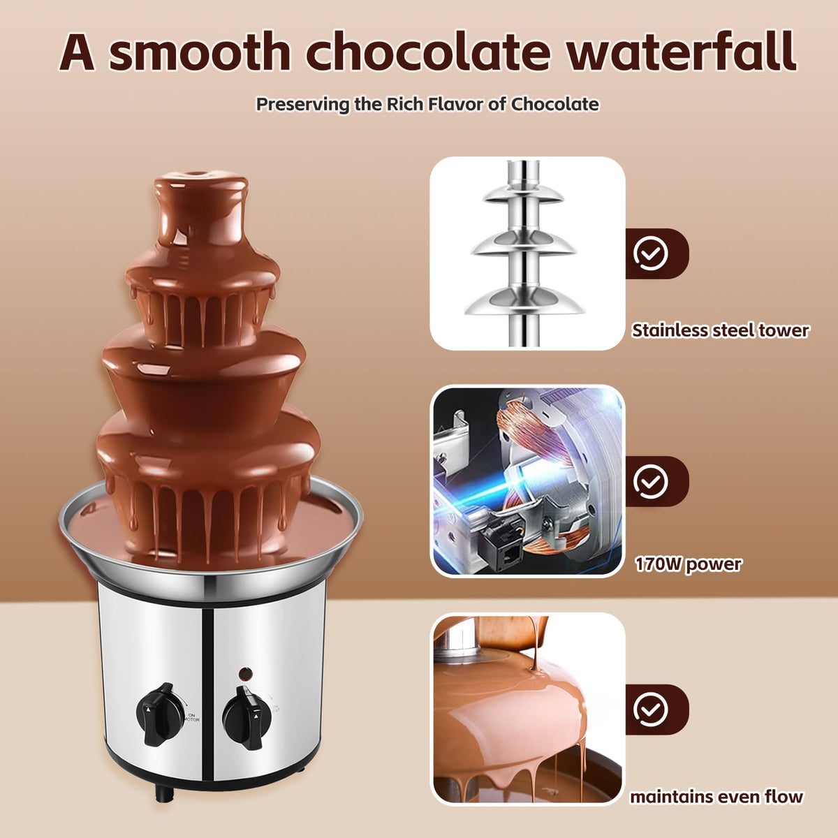 Removable tiers from the WEMAKMAK fountain simplify cleaning after use.