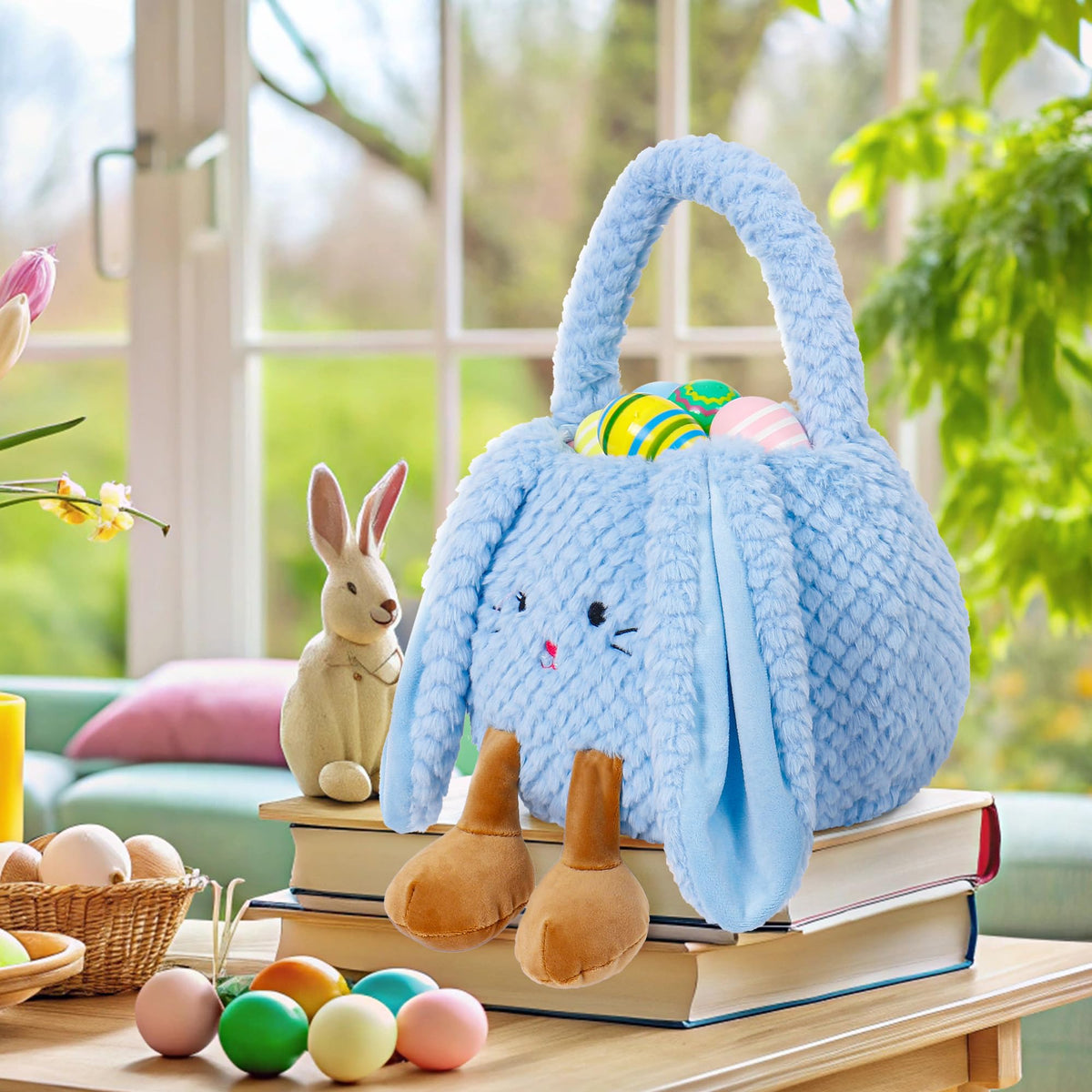 WePop Easter basket plush dog; cheerful design suits kids' celebrations.