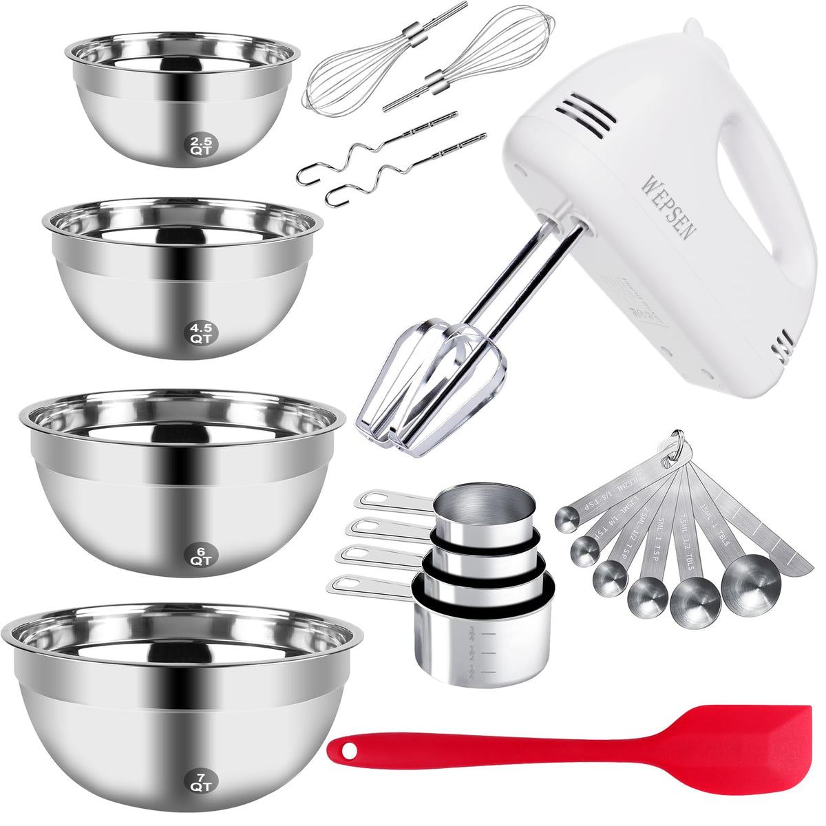 WEPSEN 5-Speed hand mixer with bowls demonstrates a compact all-in-one baking solution.