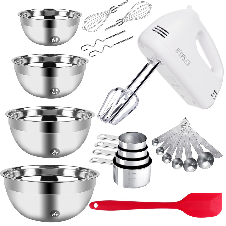 WEPSEN 5-Speed hand mixer with bowls demonstrates a compact all-in-one baking solution.
