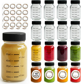WERTIOO 16-pack glass shot bottles with black caps for leakproof on-the-go use.