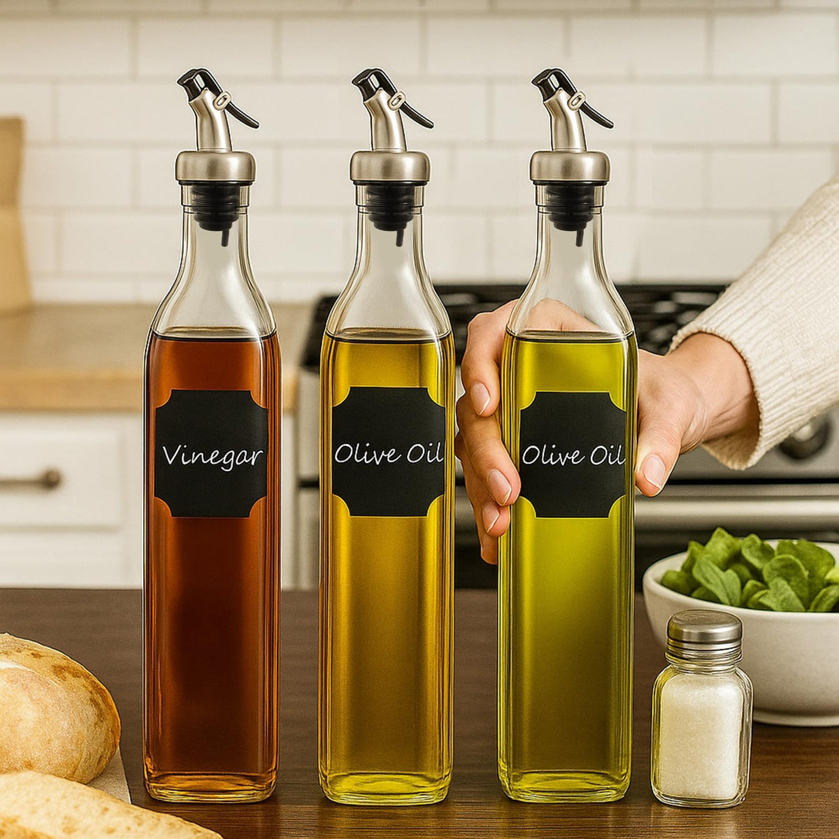 WERTIOO glass oil dispenser with pourer for precise, mess-free pouring.