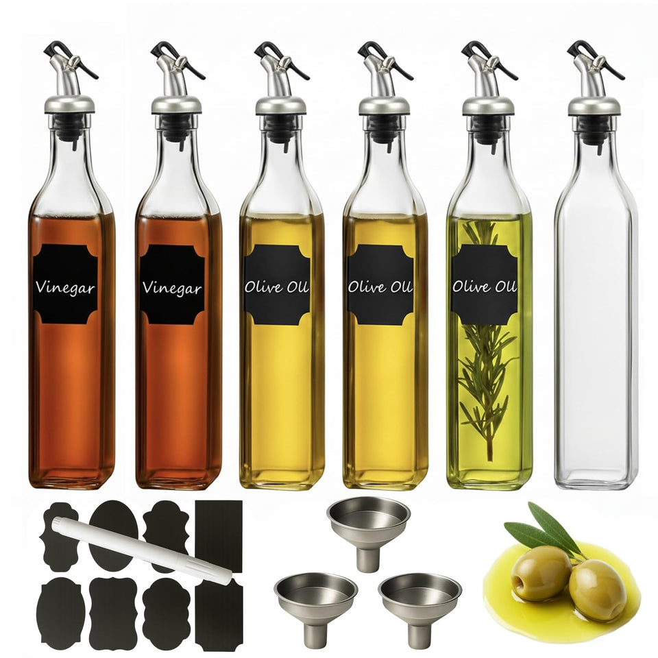 WERTIOO six-pack glass olive oil dispensers keep your kitchen organized.
