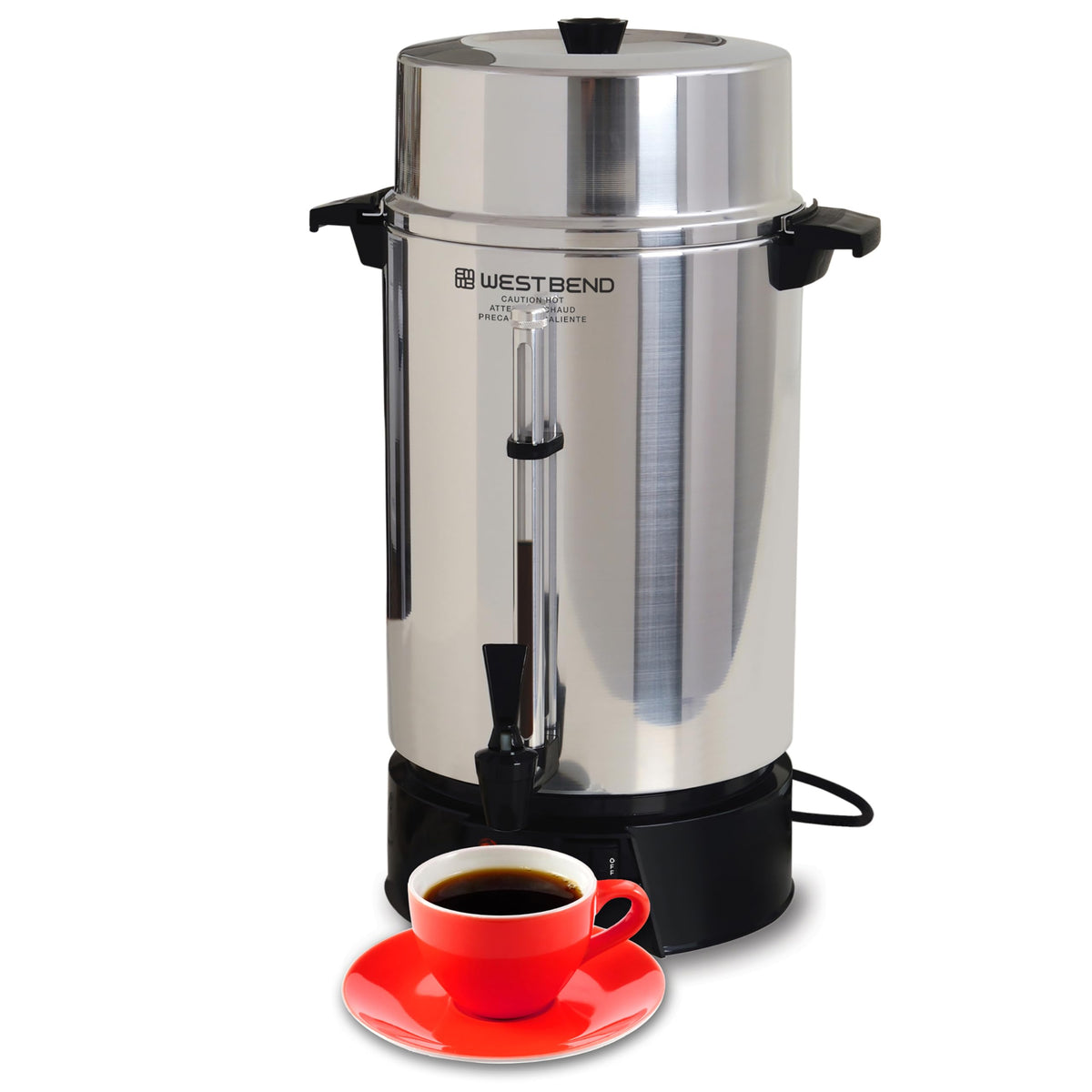 West Bend 33600 coffee urn front view in polished aluminum for high-volume serving