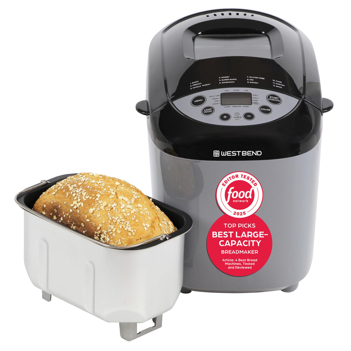 West Bend Hi-Rise bread maker front view in a compact kitchen, ready for use