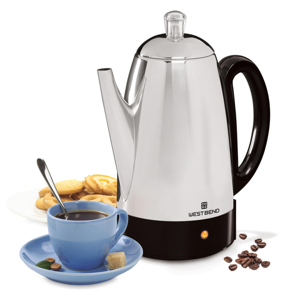 West Bend percolator front view with 12-cup capacity for entertaining.