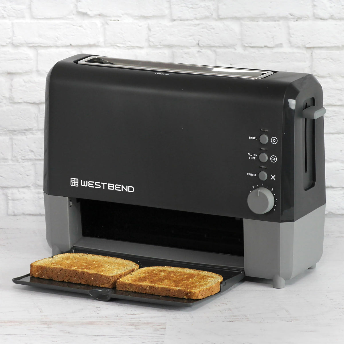 Compact design of West Bend QuikServe toaster fits small spaces.