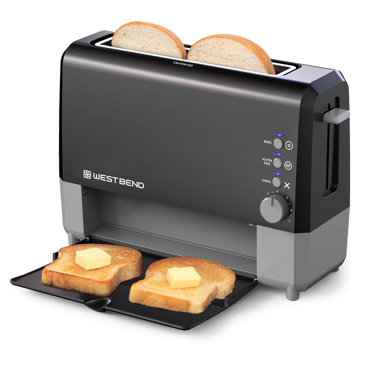 West Bend QuikServe toaster front view showing wide slot for thick bread.