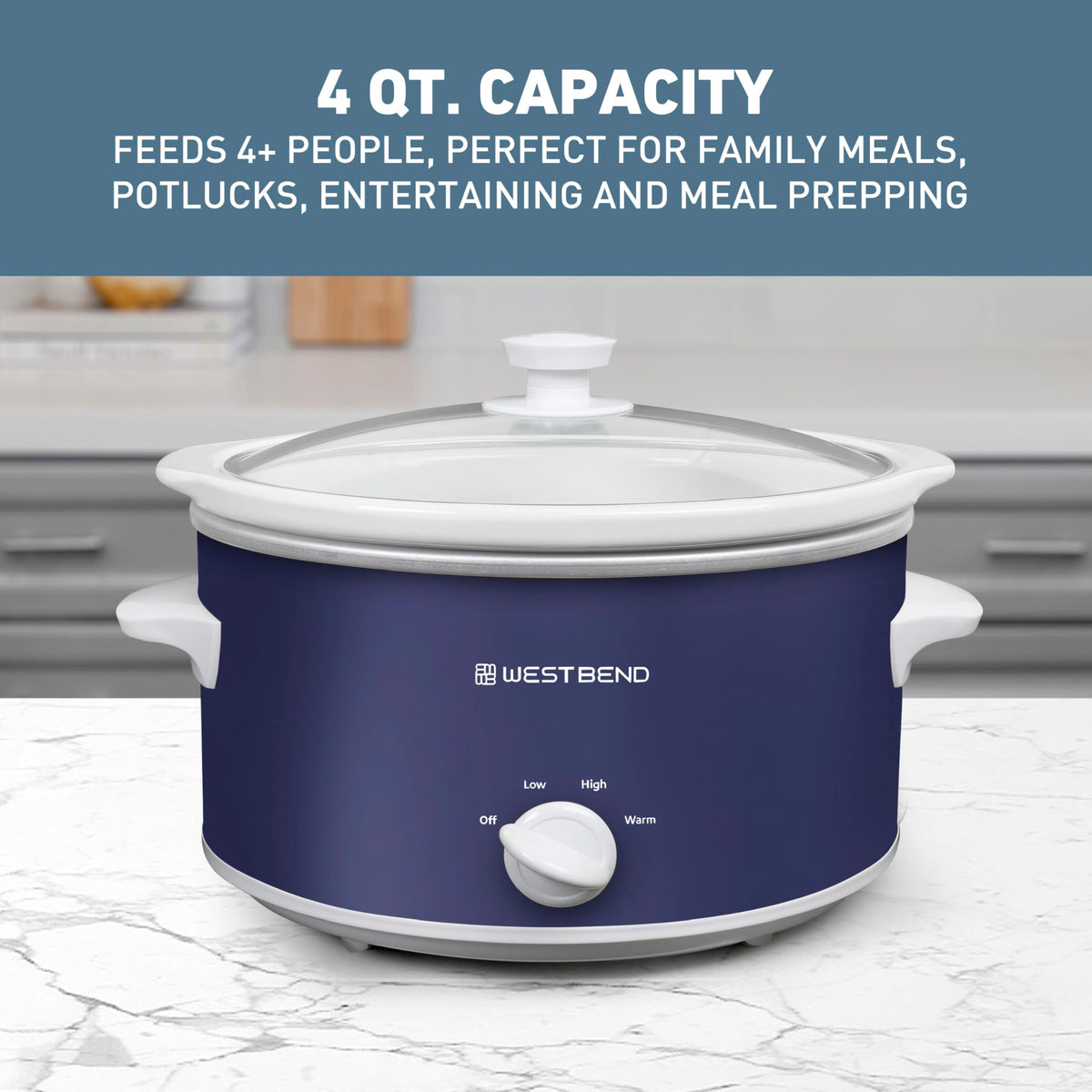 West Bend slow cooker glass lid navy offers clear view while simmering.