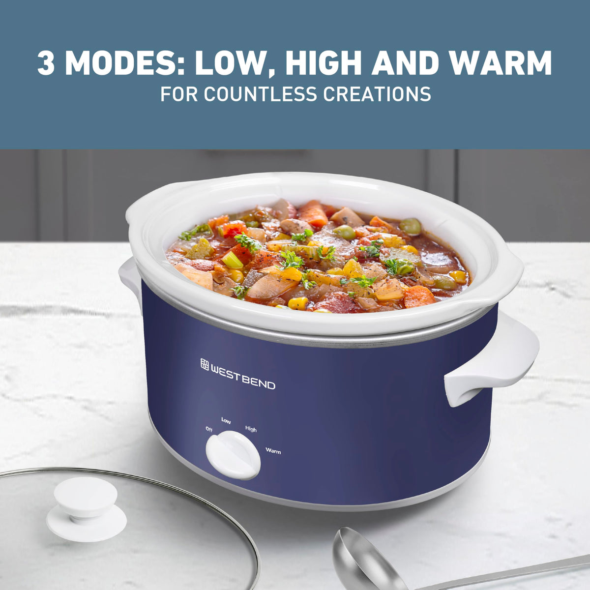 West Bend slow cooker keep warm feature helps serve meals at the right time.