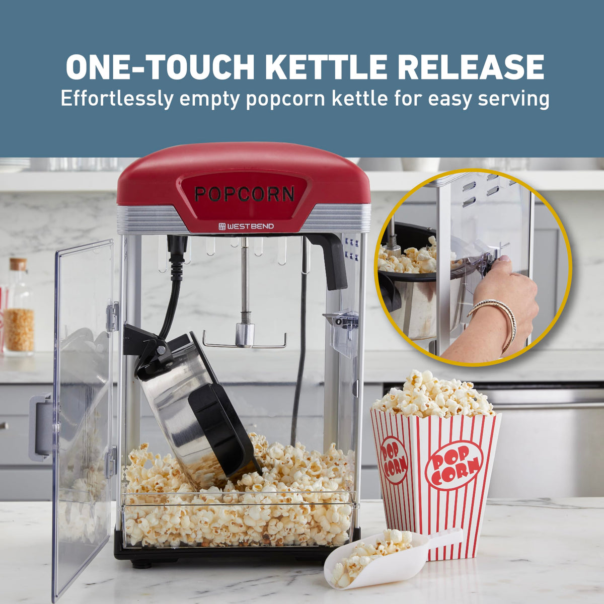 West Bend Stir Crazy Popcorn Maker one-touch kettle release for quick serving.