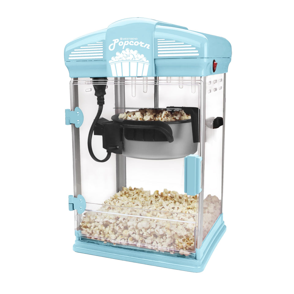West Bend Stir Crazy popcorn popper, front view, compact countertop design for quick movie-night popcorn
