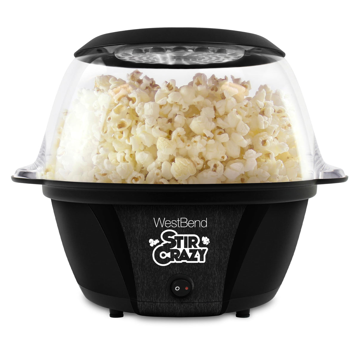 West Bend Stir Crazy popper top view with vented lid for easy serving.