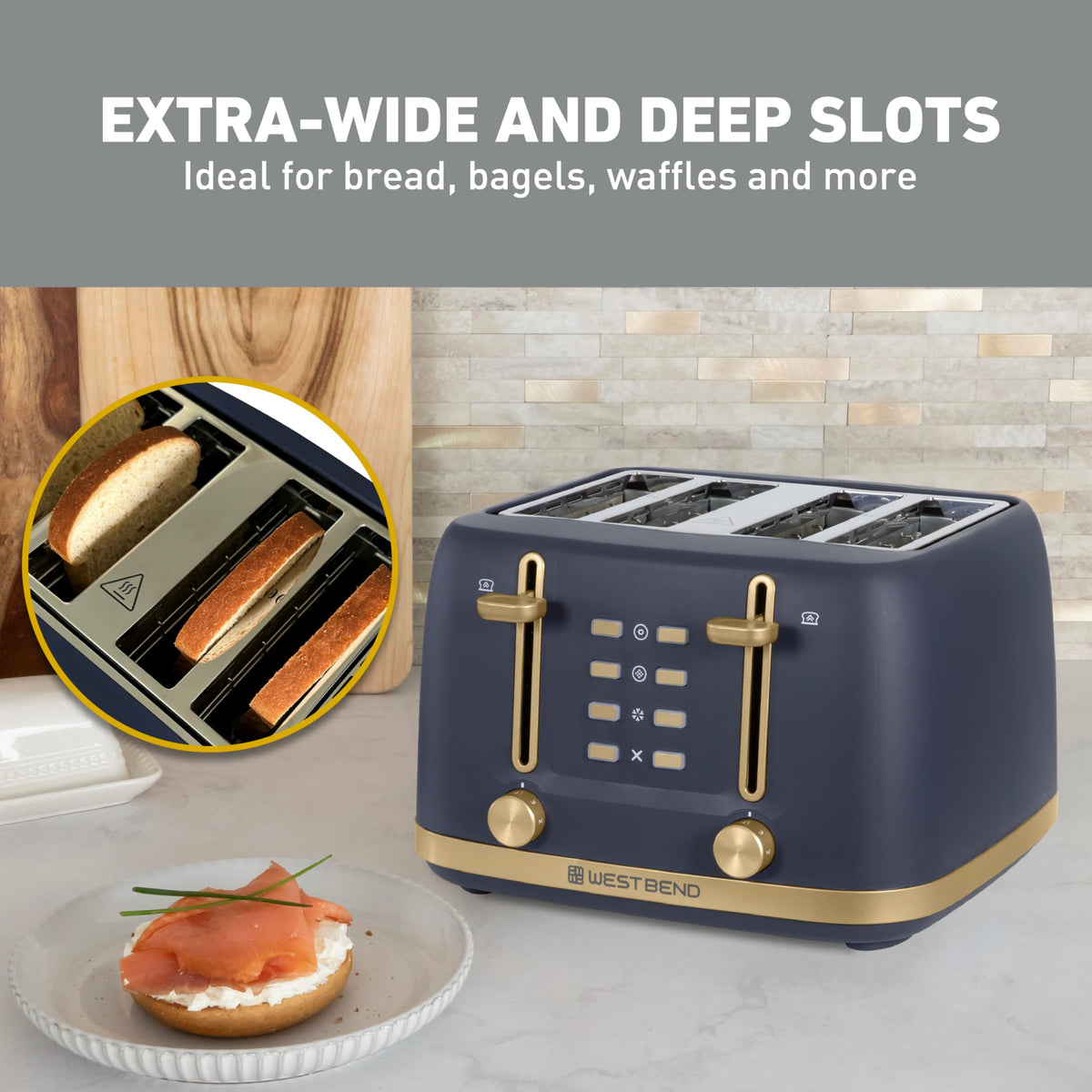 West Bend Timeless toaster backlit controls for easy function selection.