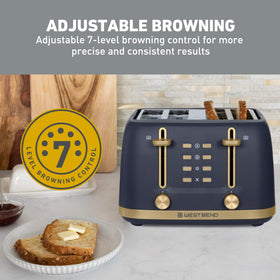 West Bend Timeless 4-Slice Toaster seven-level browning knob for precise toasting.