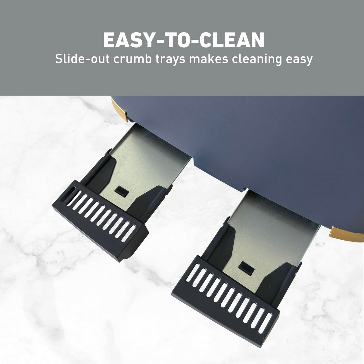 West Bend Timeless toaster removable crumb tray for quick cleanup.