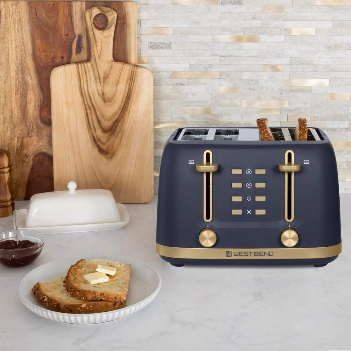 West Bend Timeless 4-Slice Toaster gold accents add elegant kitchen detail.