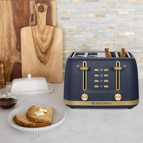 West Bend Timeless 4-Slice Toaster gold accents add elegant kitchen detail.