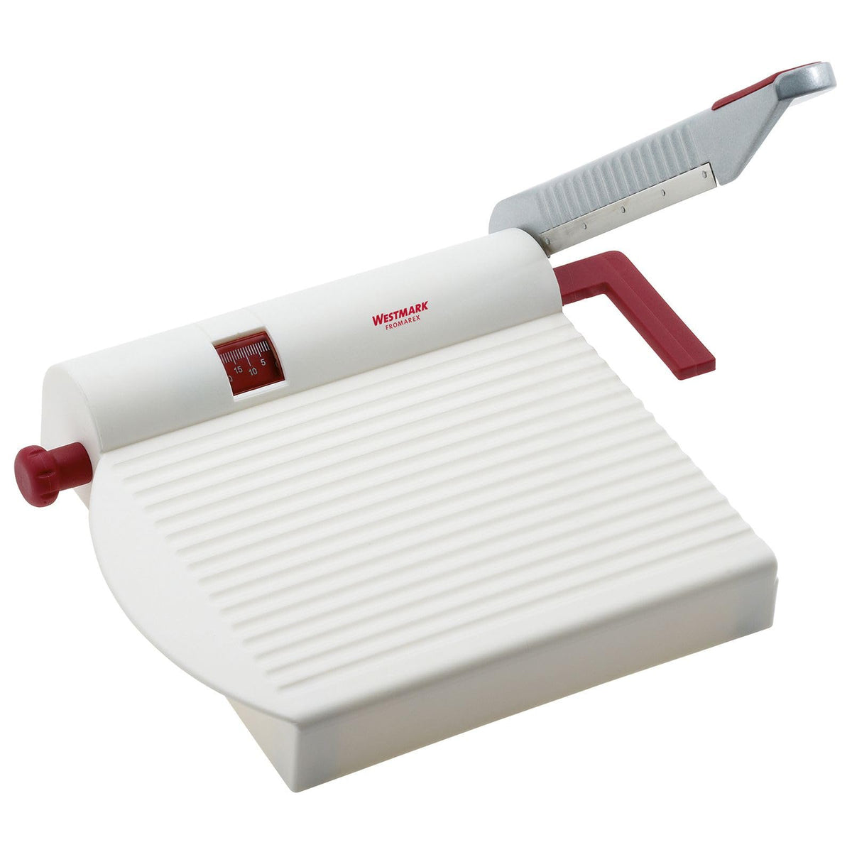 Westmark adjustable cheese slicer with board showing precise portions.