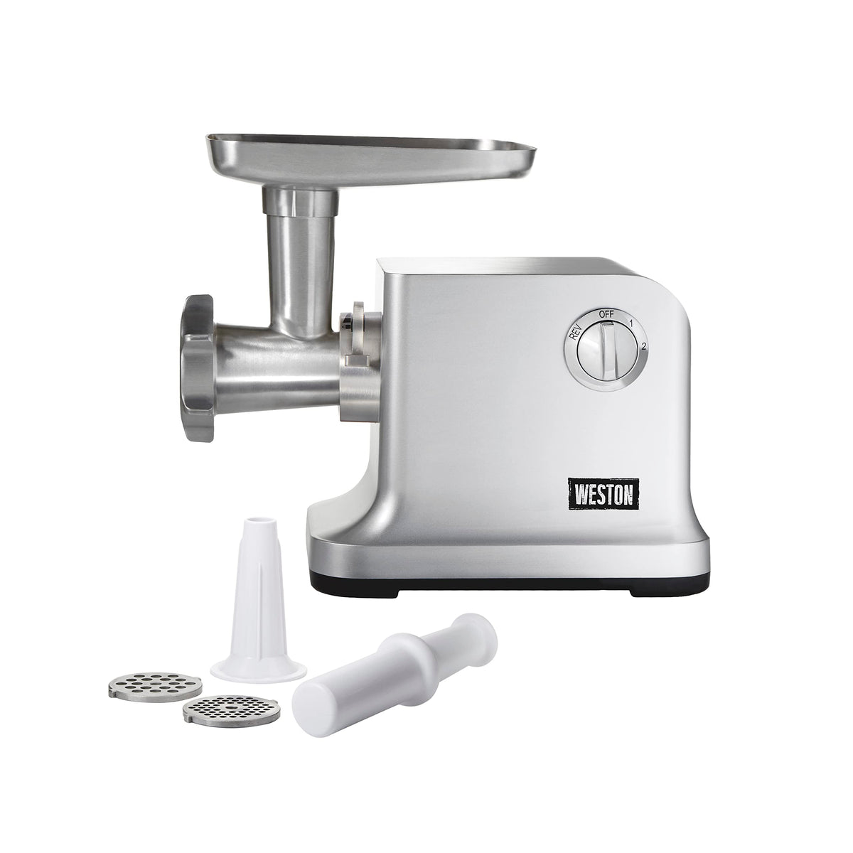 Weston electric meat grinder assembly on a kitchen counter for fresh ground beef.
