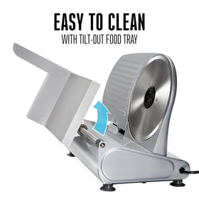 Weston meat slicer with pusher teeth for controlled, safe slicing