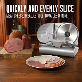 Weston meat slicer showing adjustable thickness control for deli-thin to thick cuts