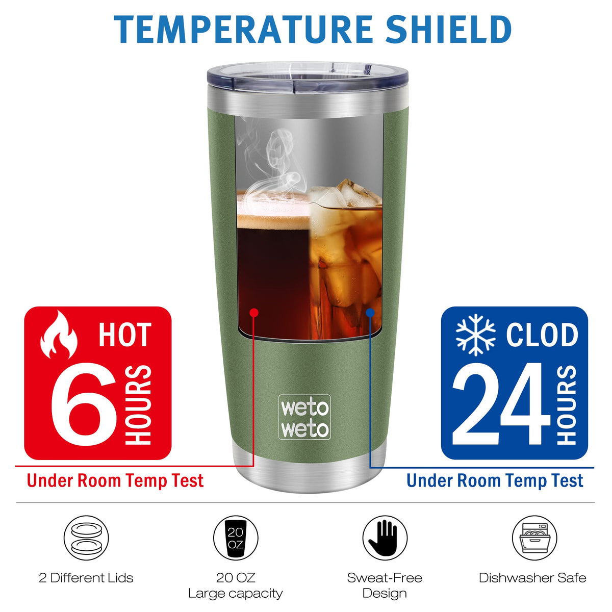 WETOWETO army green tumbler fits most car cup holders for on-the-go coffee.