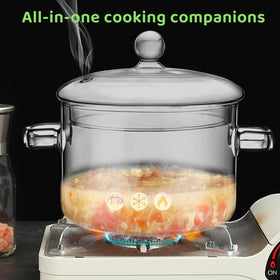 Wetpyaks heat-resistant glass pot ready for stove, oven, microwave.