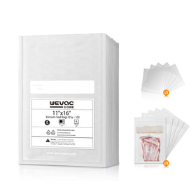 Wevac 11x16 precut vacuum bags pack showing durable storage for fresh meals.