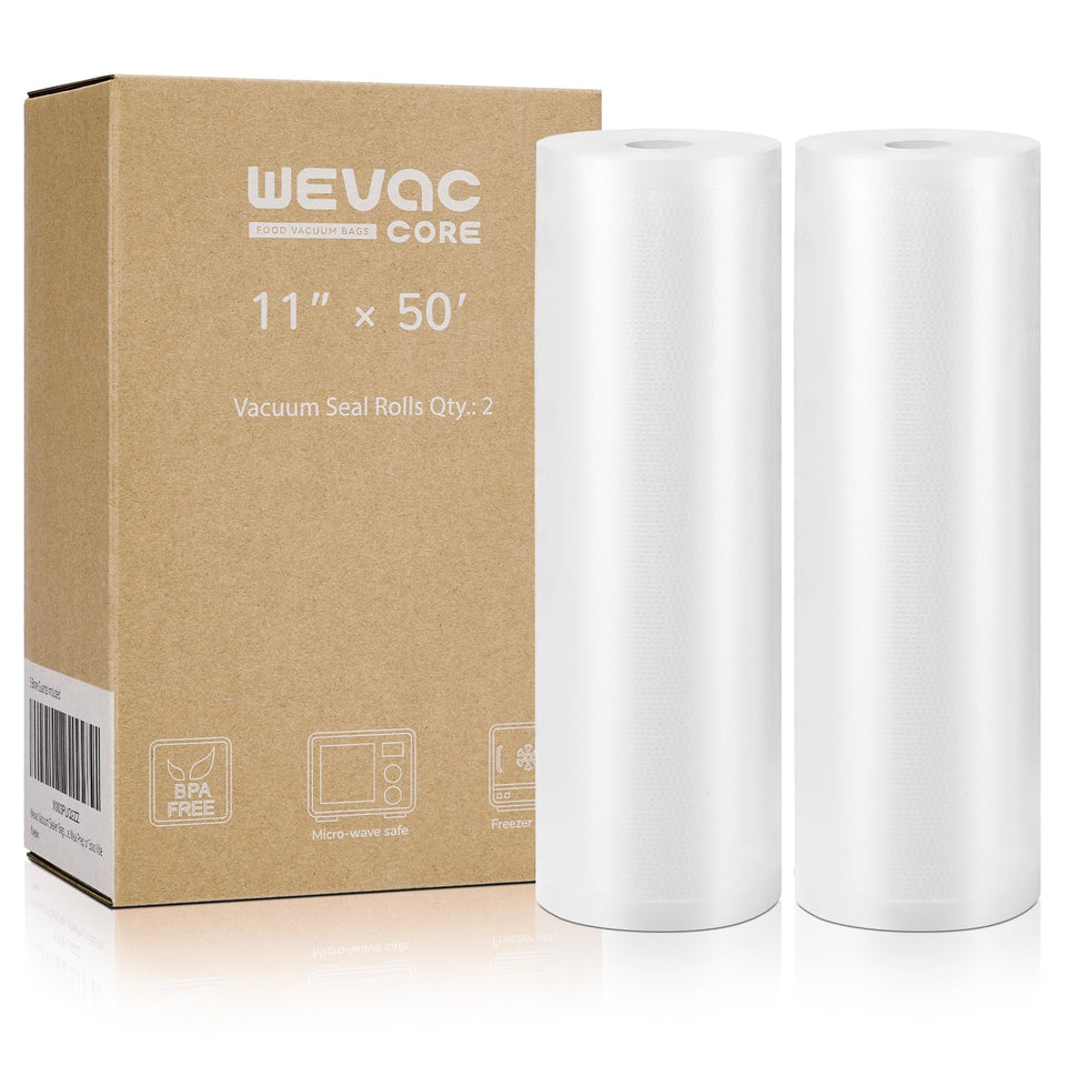 Wevac 11x50 rolls with embossed channels for airtight seals and lasting freshness.