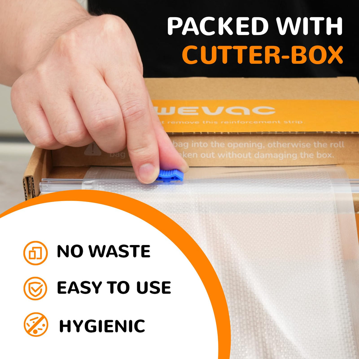 Wevac BPA-free vacuum-seal roll emphasizes safe food storage and sous vide readiness.